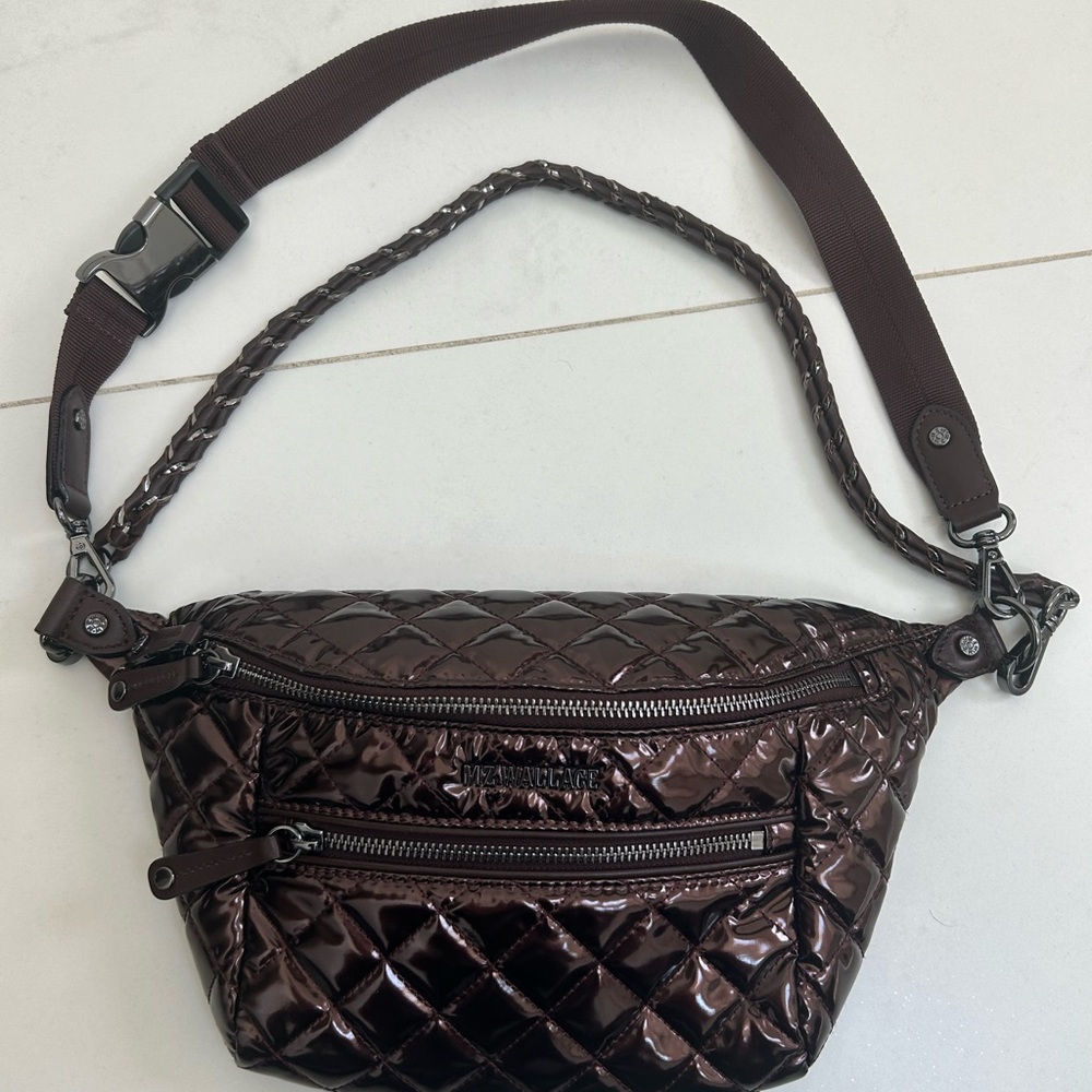 MZ Wallace Quilted Patent Bordeaux lacquer Crosby Crossbody Belt Bag - Picture 2 of 5